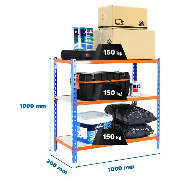 Simonrack Maderclick Metallregal Maderclick Plus - H x B x T: 100 x 100 x 30 cm, Traglast pro Boden: 150 kg, Anzahl Böden: 3 Stk., Stecken, Blau/Orange - Ein robustes Lagerregal mit drei Ebenen, beladen mit Farbeimern, Werkzeugkästen und Kartons, jeweils mit 150 kg Gewicht.