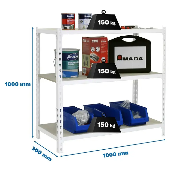 Simonrack Maderclick Metallregal Maderclick Plus - H x B x T: 100 x 100 x 30 cm, Traglast pro Boden: 150 kg, Anzahl Böden: 3 Stk., Stecken, Weiß - Ein weißes Regal mit drei Ebenen, beladen mit Farbeimern, Werkzeugen und blauen Behältern, wobei jede Ebene mit 150 kg belastet ist.