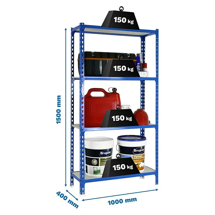Simonrack Maderclick Metallregal Maderclick Plus - H x B x T: 150 x 100 x 40 cm, Traglast pro Boden: 150 kg, Anzahl Böden: 4 Stk., Stecken, Blau - Ein blaues Schwerlastregal mit vier Ebenen, beladen mit Werkzeugen, Farbdosen und Gewichten, das die Tragfähigkeit demonstriert.