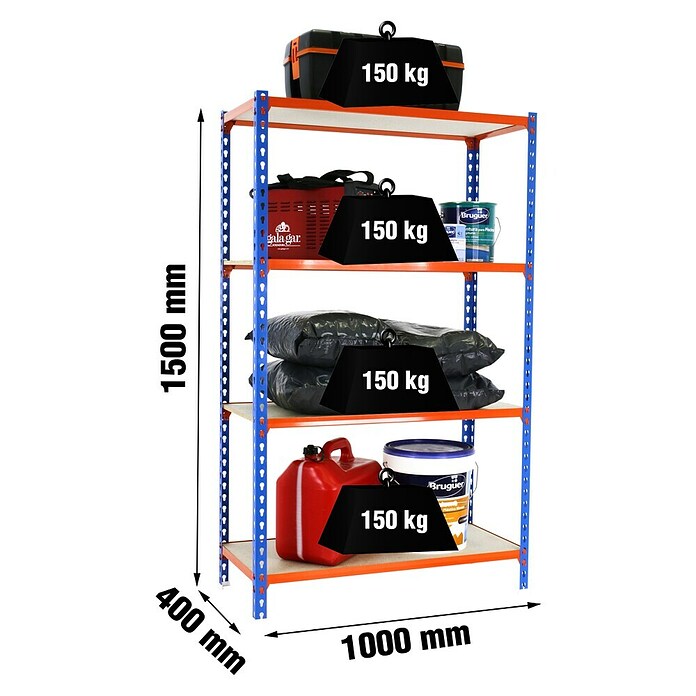 Simonrack Maderclick Metallregal Maderclick Plus (H x B x T: 150 x 100 x 40 cm, Traglast pro Boden: 150 kg, Anzahl Böden: 4 Stk., Stecken, Blau/Orange) | BAUHAUS