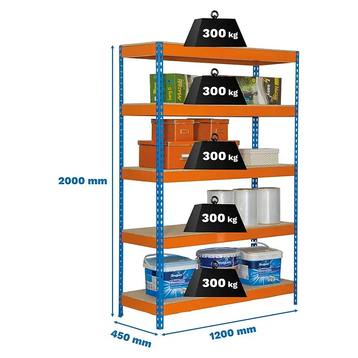 Simonrack Bricoforte Schwerlastregal Bricoforte Chipboard - H x B x T: 200 x 120 x 45 cm, Traglast pro Boden: 300 kg, Anzahl Böden: 4 Stk., Stecken, Blau/Orange - Abbildung eines Schwerlastregals mit fünf Ebenen, das mit Gegenständen beladen und mit Gewichten von 300 kg pro Ebene versehen ist.