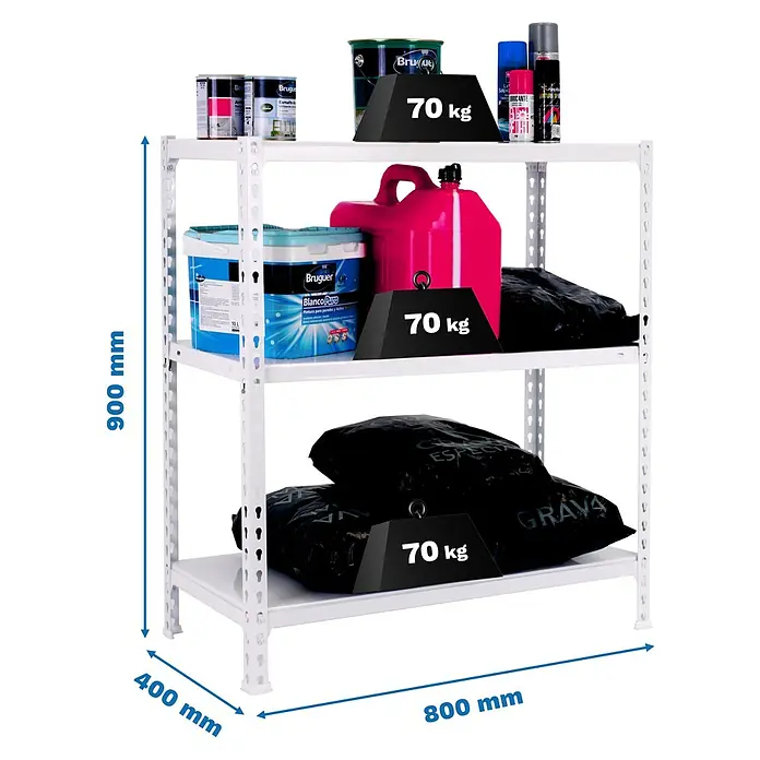 Simonrack Simonclick Metallregal Ecoclick Mini - H x B x T: 90 x 80 x 40 cm, Traglast pro Boden: 70 kg, Anzahl Böden: 3 Stk., Stecken, Weiß - Ein weißes Regal mit drei Böden, beladen mit Farbeimern, Kanistern und schweren Säcken, dimensioniert auf 900x400x800 mm.