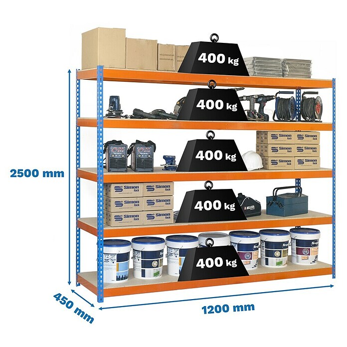 Simonrack Ecoforte Schwerlastregal Ecoforte Chipboard (H x B x T: 250 x 120 x 45 cm, Traglast pro Boden: 400 kg, Anzahl Böden: 5 Stk., Stecken, Blau/Orange) | BAUHAUS