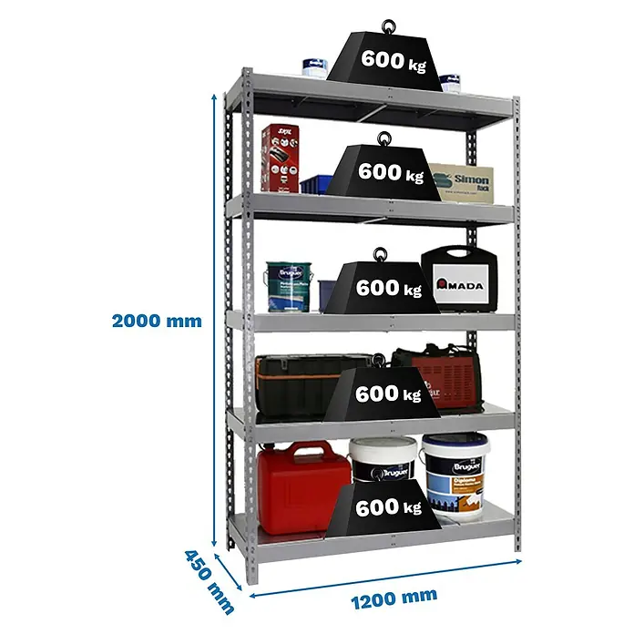 Simonrack Ecoforte Metallregal Ecoforte Metall - H x B x T: 200 x 120 x 45 cm, Traglast pro Boden: 400 kg, Anzahl Böden: 5 Stk., Stecken, Grau - Abbildung eines voll beladenen Regals mit fünf Fächern, Abmessungen und Gewichtsangaben sind ersichtlich.