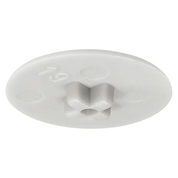 Häfele Tapón embellecedor - Diámetro: 17 mm, Blanco - Primer plano de un botón redondo de plástico blanco con un hueco en forma de estrella en el centro, etiquetado con "19".