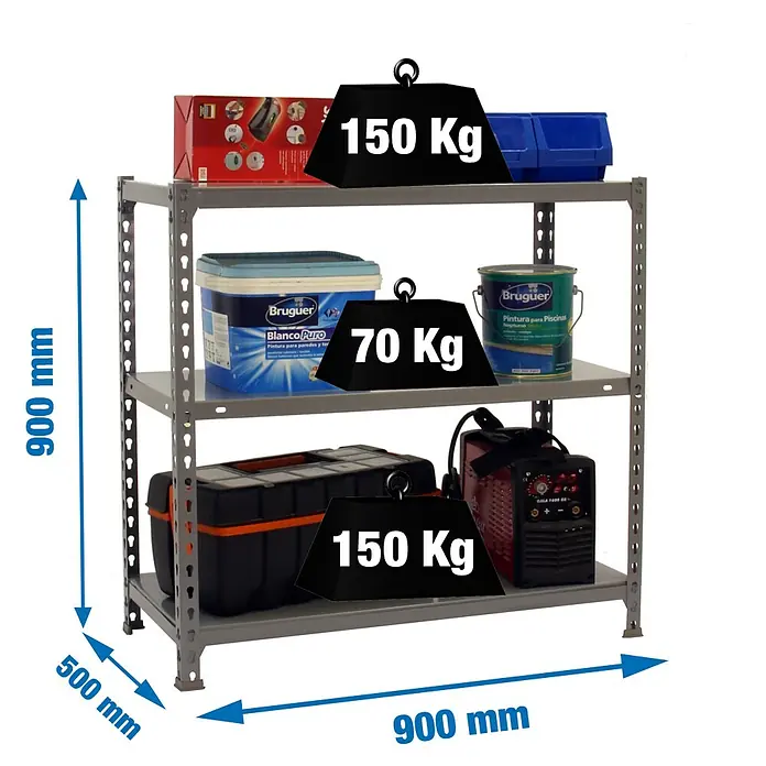 Simonrack Simonclick Metallregal Ecoclick - H x B x T: 90 x 90 x 50 cm, Traglast pro Boden: 70 kg, Anzahl Böden: 3 Stk., Stecken, Grau - Abbildung eines Schwerlastregals mit drei Ebenen, beladen mit Werkzeugen und Farbeimern, mit Gewichtsangaben und Maßangaben versehen.