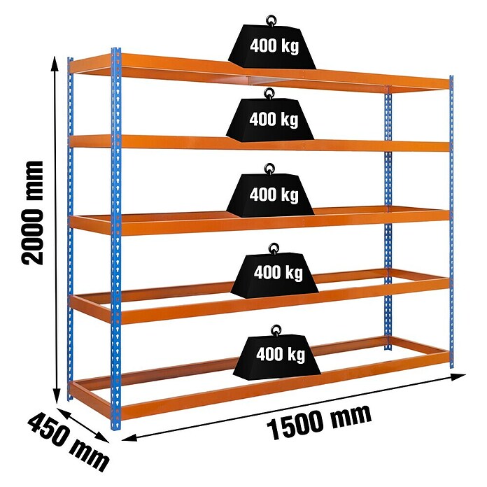 Simonrack Ecoforte Estantería para cargas pesadas Metal (Al x An x Pr: 200 x 150 x 45 cm, Número de baldas: 5 ud., Atornillado, Azul/Naranja, Capacidad de carga por balda: 400 kg, Bandejas no incluidas) | BAUHAUS