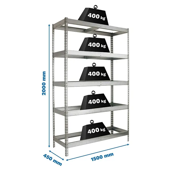Simonrack Ecoforte Estantería para cargas pesadas Metal - Al x An x Pr: 200 x 150 x 45 cm, Número de baldas: 5 ud., Atornillado, Galvanizado, Capacidad de carga por balda: 400 kg, Bandejas no incluidas - Estantería metálica galvanizada de 5 baldas, 2000x1500x450mm, capacidad 400 kg por balda.
