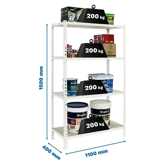 Simonrack Maderclick Metallregal Maderclick SuperPlus - H x B x T: 150 x 110 x 40 cm, Traglast pro Boden: 200 kg, Anzahl Böden: 4 Stk., Stecken, Weiß - Bild eines Metallregals mit vier Ebenen, das mit Farbeimern, Werkzeugen und anderen Gegenständen beladen ist. Jede Ebene trägt 200 kg.