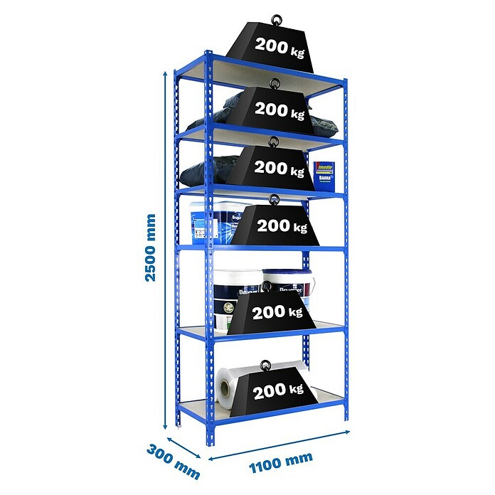 Simonrack Maderclick Metallregal Maderclick SuperPlus (H x B x T: 250 x 110 x 30 cm, Traglast pro Boden: 200 kg, Anzahl Böden: 6 Stk., Stecken, Blau) | BAUHAUS