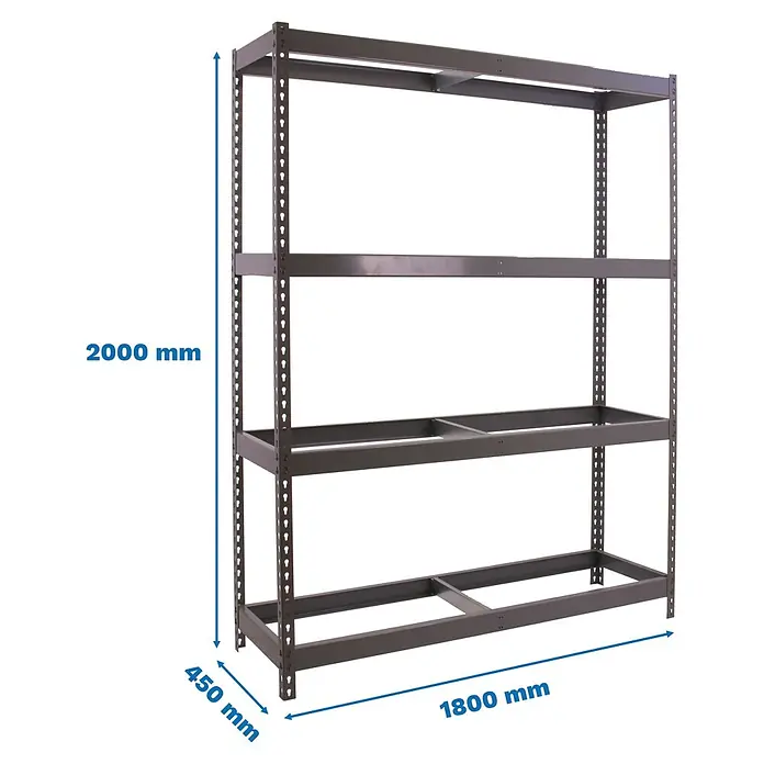 Simonrack Ecoforte Estantería para cargas pesadas Metal - Al x An x Pr: 200 x 180 x 45 cm, Número de baldas: 4 ud., Atornillado, Gris, Capacidad de carga por balda: 400 kg, Bandejas no incluidas - Estantería metálica gris oscuro con 4 baldas. Medidas: 2000x1800x450mm.