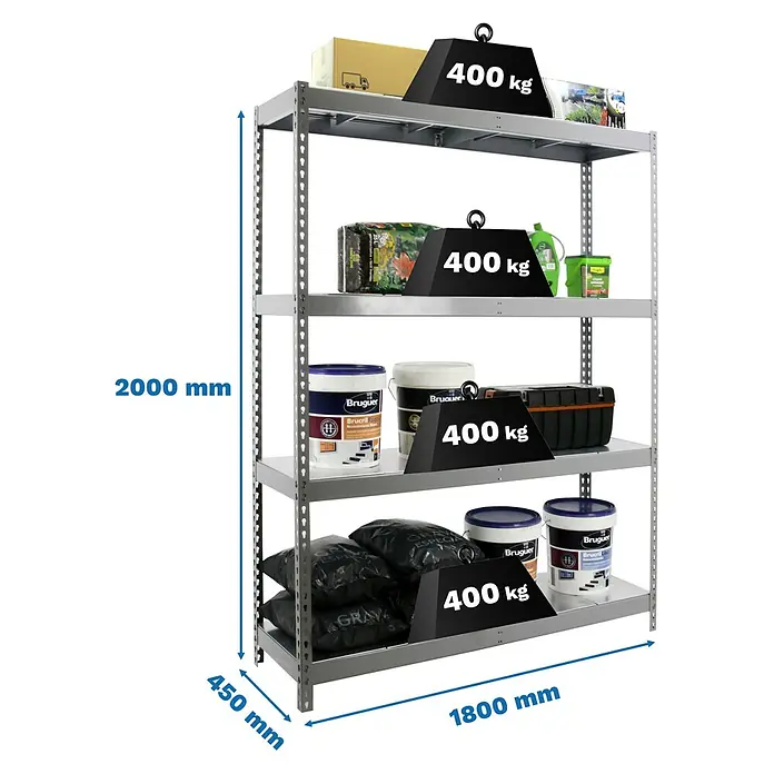 Simonrack Ecoforte Metallregal Ecoforte Metall - H x B x T: 200 x 180 x 45 cm, Traglast pro Boden: 400 kg, Anzahl Böden: 4 Stk., Stecken, Grau - Ein graues Metallregal mit vier Ablagen, beladen mit Farbeimern, Säcken und Kartons, das ein maximales Gewicht von 400 kg pro Ebene trägt.