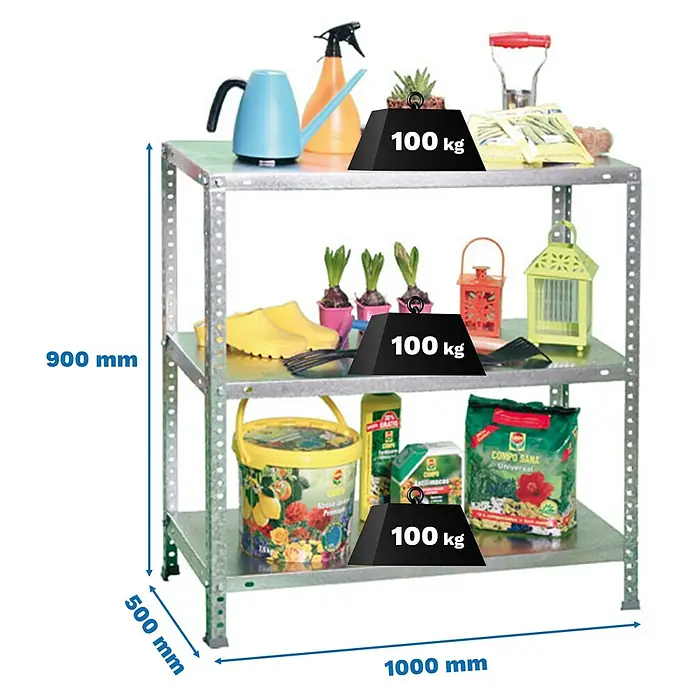 Simonrack Simonclassic Metallregal Comfort Plus - H x B x T: 90 x 100 x 50 cm, Traglast pro Boden: 100 kg, Anzahl Böden: 3 Stk., Schrauben, Silber - Ein dreistufiges Regal aus Metall mit Gartengeräten und Gewichten zur Darstellung der Tragfähigkeit.
