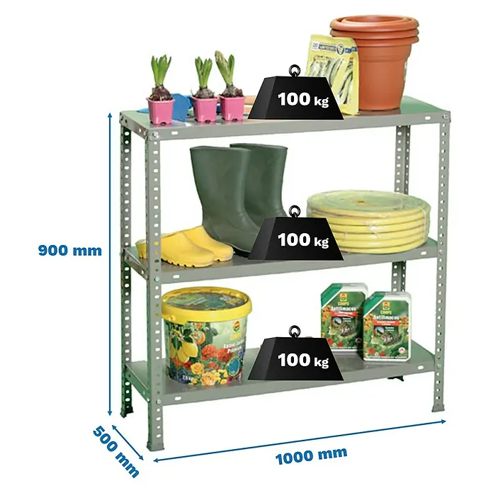 Simonrack Simonclassic Metallregal Comfort Plus - H x B x T: 90 x 100 x 50 cm, Traglast pro Boden: 100 kg, Anzahl Böden: 3 Stk., Schrauben, Grau - Abbildung eines grauen Regals mit drei Fächern, gefüllt mit Gartenzubehör und Gewichtsangaben.