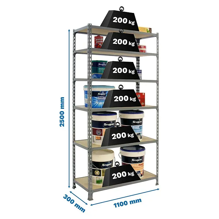 Simonrack Maderclick Metallregal Maderclick SuperPlus - H x B x T: 250 x 110 x 30 cm, Traglast pro Boden: 200 kg, Anzahl Böden: 6 Stk., Stecken, Grau - Ein graues Regal mit sechs Ebenen ist mit Farbdosen und Gewichten von je 200 kg beladen, die die Tragfähigkeit demonstrieren.