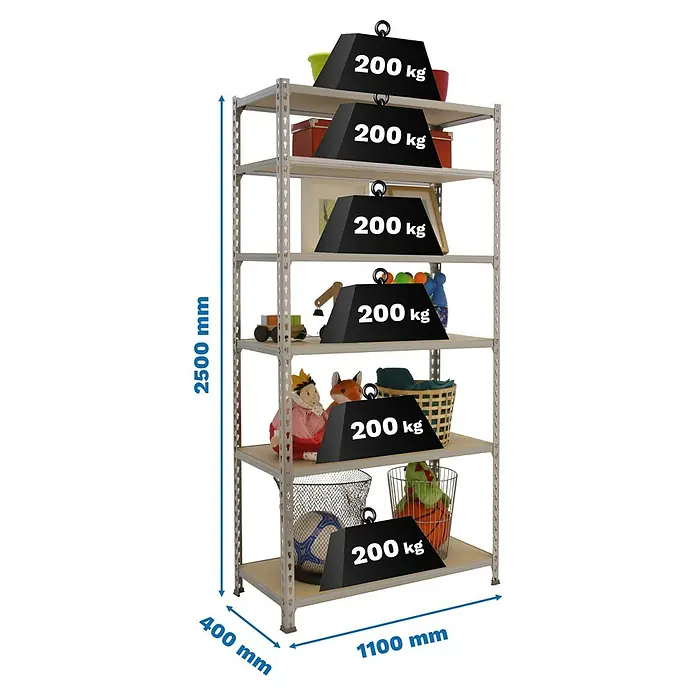 Simonrack Maderclick Metallregal Maderclick SuperPlus - H x B x T: 250 x 110 x 40 cm, Traglast pro Boden: 200 kg, Anzahl Böden: 6 Stk., Stecken, Silber - Abbildung eines robusten Regalsystems mit sechs Ablagen, das jeweils mit 200 kg belastbar ist und vielseitigen Stauraum bietet.