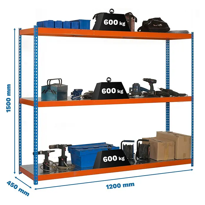 Simonrack Simonforte Schwerlastregal Simonforte Metall - H x B x T: 150 x 120 x 45 cm, Traglast pro Boden: 600 kg, Anzahl Böden: 3 Stk., Stecken, Blau/Orange/Silber - Regal mit drei Ebenen, blauem Rahmen und orangefarbenen Regalböden, beladen mit Werkzeugen und Gewichten.