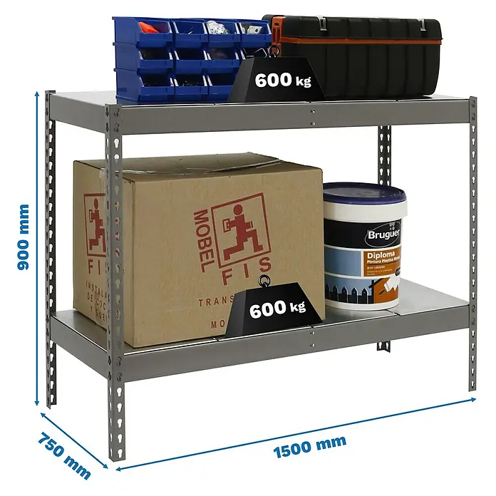 Simonrack Simonforte Schwerlastregal Simonforte Metall - H x B x T: 90 x 150 x 75 cm, Traglast pro Boden: 600 kg, Anzahl Böden: 2 Stk., Stecken, Grau/Silber - Das Bild zeigt ein graues Schwerlastregal mit zwei Ebenen, beladen mit verschiedenen Gegenständen und Gewichtsangaben.