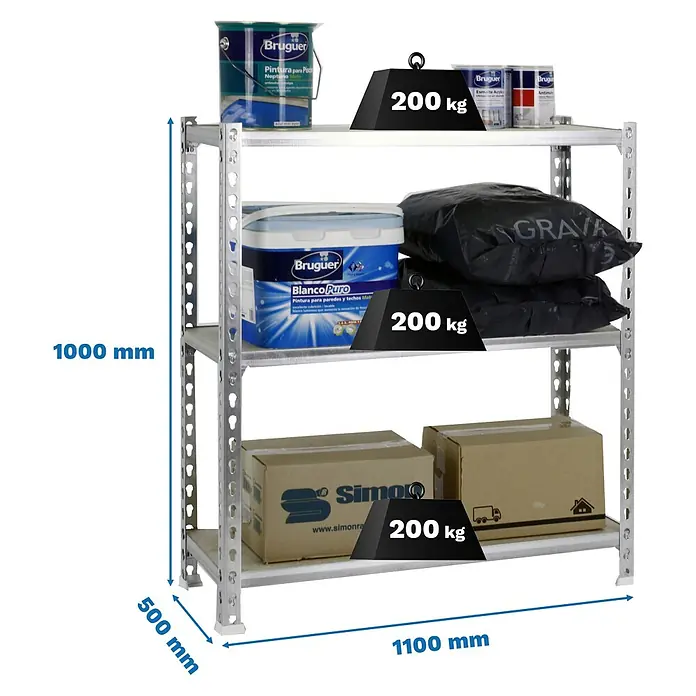 Simonrack Maderclick Metallregal Maderclick SuperPlus - H x B x T: 100 x 110 x 50 cm, Traglast pro Boden: 200 kg, Anzahl Böden: 3 Stk., Stecken, Silber - Bild eines Schwerlastregals mit drei Ebenen, beladen mit Farbeimern, Säcken und Kartons, Maße sind angegeben.