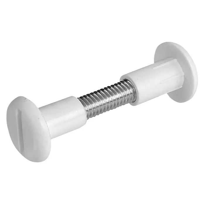 Stabilit Tornillo de unión - Apto para: Espesor de la madera 30 - 39 mm, Blanco - Primer plano de un soporte de cama blanco con un tornillo plateado en el centro. Elemento de fijación diseñado para muebles de cama.