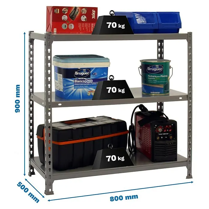 Simonrack Simonclick Metallregal Ecoclick Mini - H x B x T: 90 x 80 x 50 cm, Traglast pro Boden: 70 kg, Anzahl Böden: 3 Stk., Stecken, Grau - Abbildung eines grauen Metallregals mit drei Ebenen, beladen mit Werkzeugen und Farbeimern, wobei jede Ebene bis zu 70 kg tragen kann.