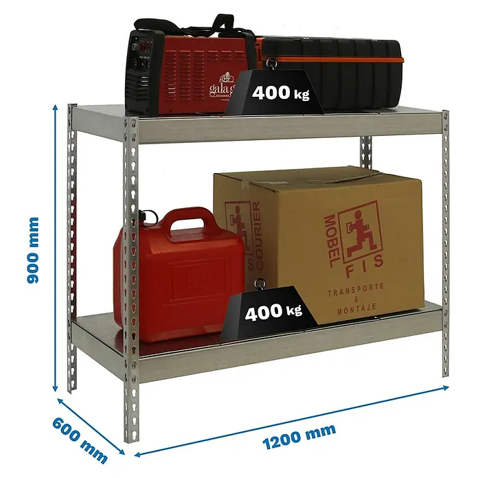 Simonrack Simontaller Schwerlastregal Ecoforte Metall - H x B x T: 90 x 120 x 60 cm, Traglast pro Boden: 400 kg, Anzahl Böden: 2 Stk., Stecken, Silber - Abbildung eines zweistufigen Metallregals mit einer Tragfähigkeit von 400 kg pro Ebene und Abmessungen von 1200 mm x 600 mm x 900 mm.