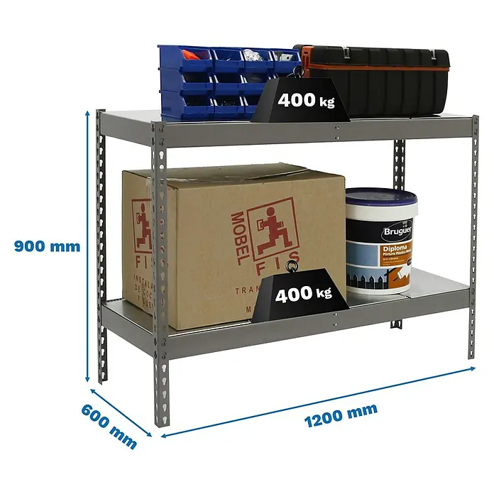 Simonrack Ecoforte Metallregal Ecoforte Metall - H x B x T: 90 x 120 x 60 cm, Traglast pro Boden: 400 kg, Anzahl Böden: 2 Stk., Stecken, Grau - Ein stabiles Lagerregal mit zwei Ebenen, beladen mit Werkzeug und Behältern, zeigt seine Tragfähigkeit von 400 kg pro Ebene.