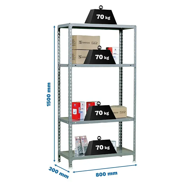 Simonrack Simonclick Metallregal Ecoclick Mini - H x B x T: 150 x 80 x 30 cm, Traglast pro Boden: 70 kg, Anzahl Böden: 3 Stk., Stecken, Grau - Abgebildetes, graues Regal mit vier Ablagen, beschwert mit Gewichten, sowie Dimensionsangaben in Millimetern, ideal für Lagerung und Organisation.