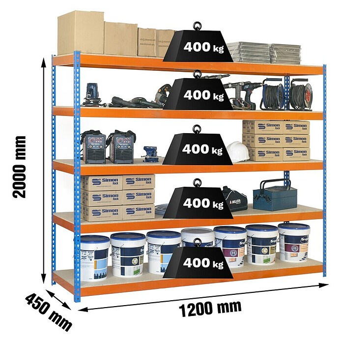 Simonrack Ecoforte Estantería para cargas pesadas Chipboard (Al x An x Pr: 200 x 120 x 45 cm, Capacidad de carga por balda: 400 kg, Número de baldas: 5 ud., Inserción, Azul/Naranja) | BAUHAUS