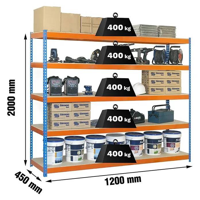 Simonrack Ecoforte Estantería para cargas pesadas Chipboard - Al x An x Pr: 200 x 120 x 45 cm, Capacidad de carga por balda: 400 kg, Número de baldas: 5 ud., Inserción, Azul/Naranja - Estantería industrial azul y naranja, 5 baldas, 2000x1200x450mm, 400kg de capacidad por balda.