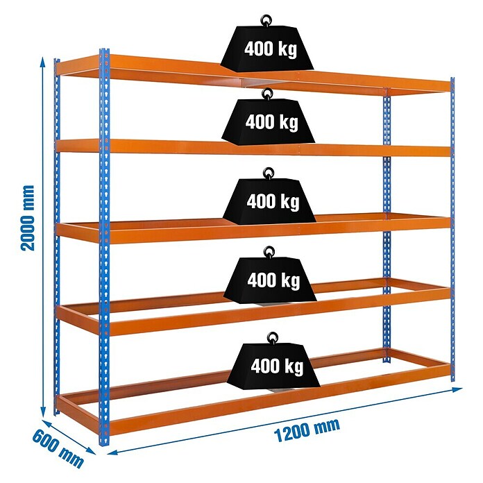 Simonrack Ecoforte Estantería para cargas pesadas Metal (Al x An x Pr: 200 x 120 x 60 cm, Número de baldas: 5 ud., Inserción, Azul/Naranja, Capacidad de carga por balda: 400 kg, Bandejas no incluidas) | BAUHAUS