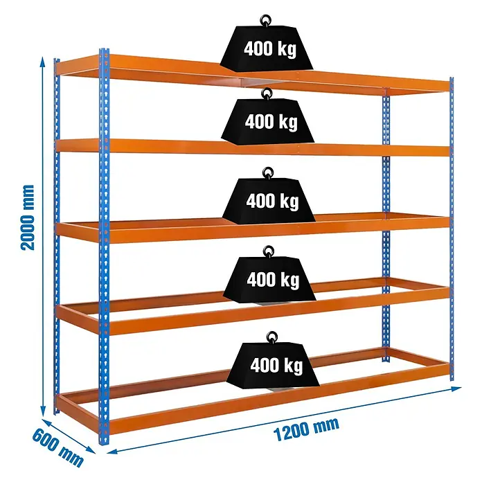 Simonrack Ecoforte Estantería para cargas pesadas Metal - Al x An x Pr: 200 x 120 x 60 cm, Número de baldas: 5 ud., Inserción, Azul/Naranja, Capacidad de carga por balda: 400 kg, Bandejas no incluidas - Estantería industrial azul y naranja de 5 niveles. Medidas: 2000x1200x600mm, capacidad de carga de 400kg por estante.