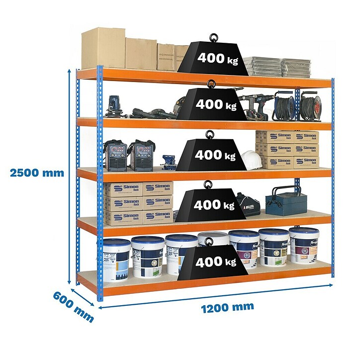 Simonrack Ecoforte Schwerlastregal Ecoforte Chipboard (H x B x T: 250 x 120 x 60 cm, Traglast pro Boden: 400 kg, Anzahl Böden: 5 Stk., Stecken, Blau/Orange) | BAUHAUS