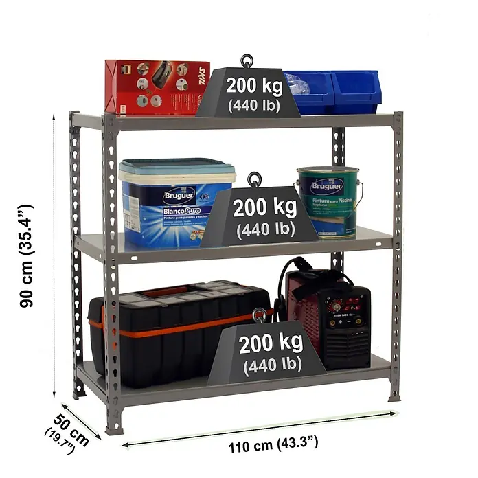 Simonrack Simonclick Metallregal Ecoclick SuperPlus - H x B x T: 90 x 110 x 50 cm, Traglast pro Boden: 70 kg, Anzahl Böden: 3 Stk., Stecken, Grau - Bild eines Schwerlastregals mit drei Ablagen, belastbar mit je 200 kg.