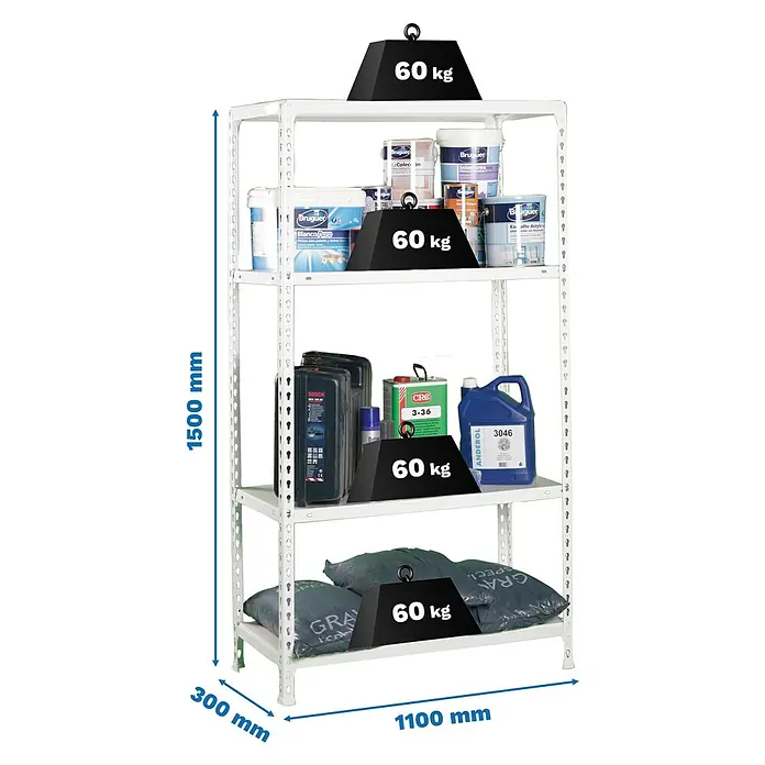 Simonrack Simonclick Metallregal Ecoclick SuperPlus - H x B x T: 150 x 110 x 30 cm, Traglast pro Boden: 70 kg, Anzahl Böden: 4 Stk., Stecken, Weiß - Abbildung eines weißen Metallregals mit vier Ebenen, auf denen verschiedene Behälter und Gewichte platziert sind, die die Tragfähigkeit demonstrieren.