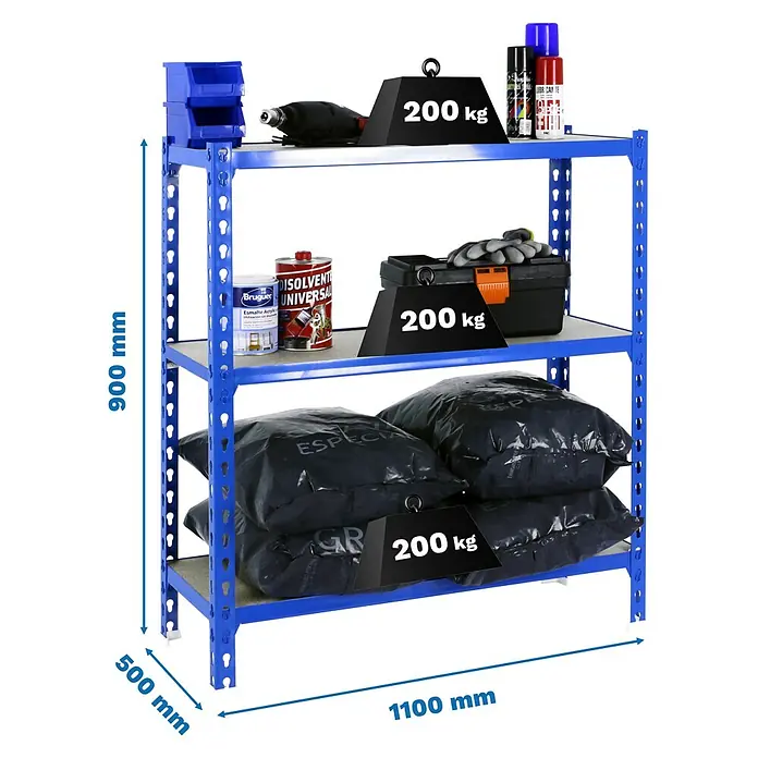 Simonrack Maderclick Metallregal Maderclick SuperPlus - H x B x T: 90 x 110 x 50 cm, Traglast pro Boden: 200 kg, Anzahl Böden: 3 Stk., Stecken, Blau - Detailaufnahme eines blauen Metallregals mit vier Ebenen, beladen mit Werkzeugen und Materialien, Maße sind angegeben.