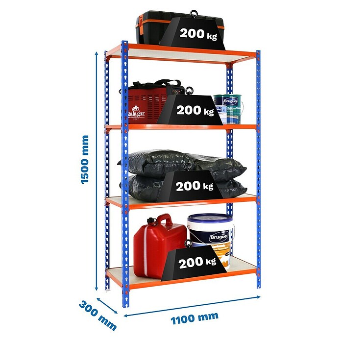 Simonrack Maderclick Metallregal Maderclick SuperPlus (H x B x T: 150 x 110 x 30 cm, Traglast pro Boden: 200 kg, Anzahl Böden: 4 Stk., Stecken, Blau/Orange) | BAUHAUS
