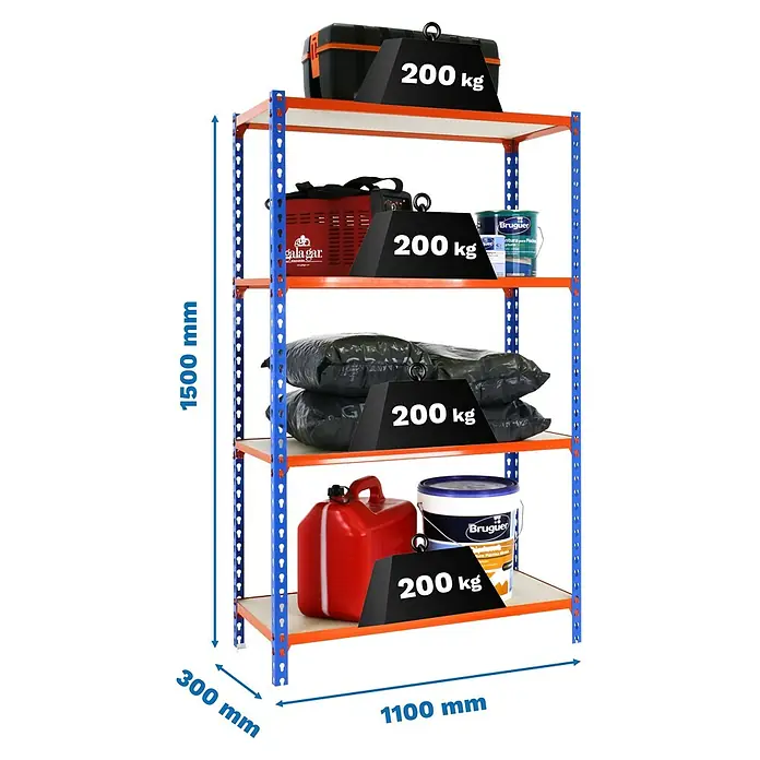 Simonrack Maderclick Metallregal Maderclick SuperPlus - H x B x T: 150 x 110 x 30 cm, Traglast pro Boden: 200 kg, Anzahl Böden: 4 Stk., Stecken, Blau/Orange - Abbildung eines Schwerlastregals mit vier Ebenen, belastet mit Werkzeugkiste, Farbeimern und Säcken, jeweils mit 200 kg Gewicht.