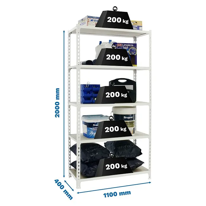 Simonrack Maderclick Metallregal Maderclick SuperPlus - H x B x T: 200 x 110 x 40 cm, Traglast pro Boden: 200 kg, Anzahl Böden: 5 Stk., Stecken, Weiß - Ein weißes Schwerlastregal mit fünf Ebenen, jede Ebene mit 200 kg belastet, dargestellt mit Maßangaben für Höhe, Breite und Tiefe.