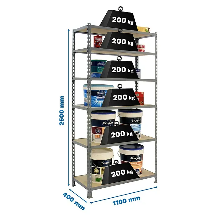 Simonrack Maderclick Metallregal Maderclick SuperPlus - H x B x T: 250 x 110 x 40 cm, Traglast pro Boden: 200 kg, Anzahl Böden: 6 Stk., Stecken, Grau - Bild eines Regals mit Farbeimern und Gewichten, das die Tragfähigkeit demonstriert.