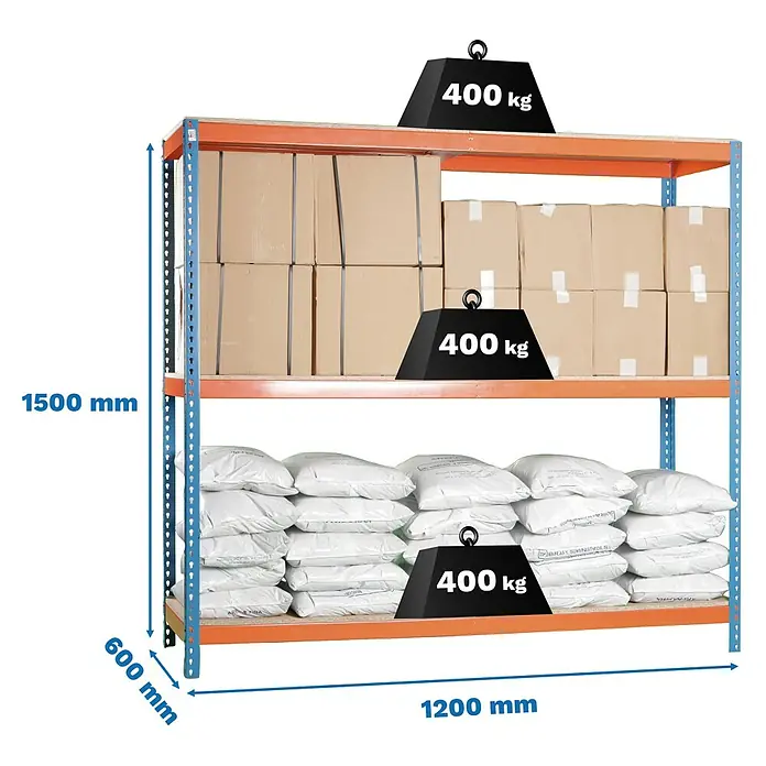 Simonrack Ecoforte Schwerlastregal Chipboard - H x B x T: 150 x 120 x 60 cm, Traglast pro Boden: 400 kg, Anzahl Böden: 3 Stk., Stecken, Blau/Orange - Ein beladenes Lagerregal mit den Maßen 1500 mm Höhe, 600 mm Tiefe und 1200 mm Breite, belastet mit je 400 kg pro Ebene.