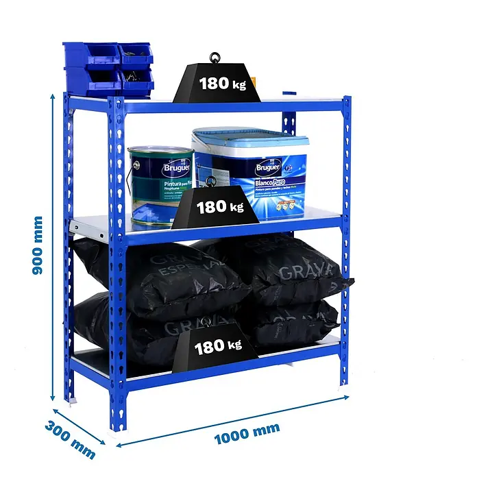 Simonrack Simonclick Metallregal Simonclick Plus - H x B x T: 90 x 100 x 30 cm, Traglast pro Boden: 180 kg, Anzahl Böden: 3 Stk., Stecken, Blau/Silber - Ein blaues Schwerlastregal mit vier Ebenen, beladen mit Farbeimern, Sandsäcken und Werkzeugkästen, was seine Robustheit und Vielseitigkeit zeigt.