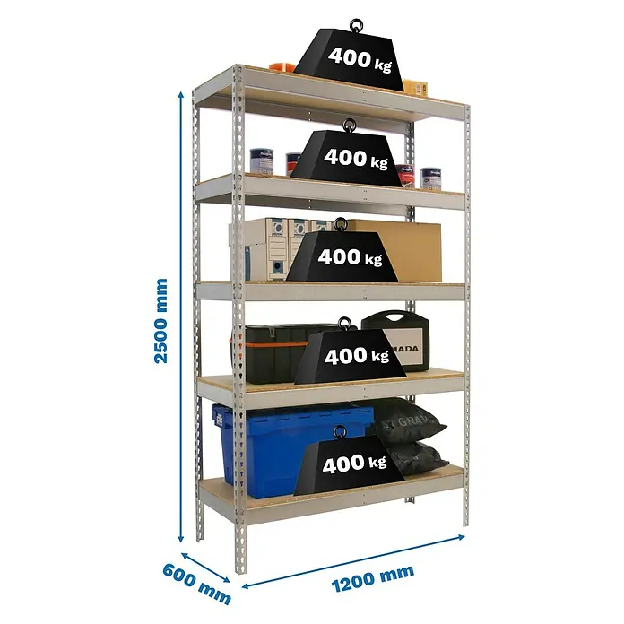 Simonrack Simontaller Schwerlastregal Ecoforte Chipboard - H x B x T: 250 x 120 x 60 cm, Traglast pro Boden: 400 kg, Anzahl Böden: 5 Stk., Stecken, Silber - Abbildung eines Regals mit fünf Fächern, die jeweils mit Gewichten von 400 kg belastet sind, mit Maßangaben.