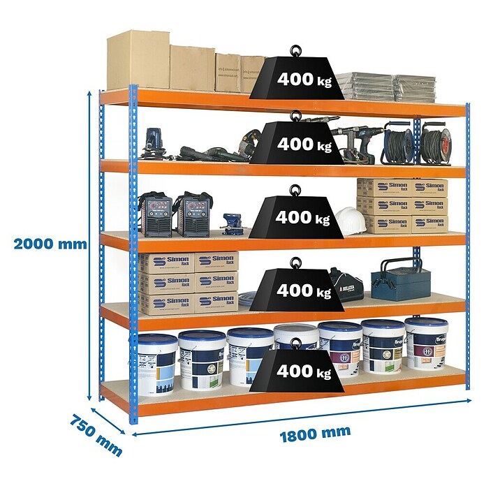 Simonrack Ecoforte Schwerlastregal Ecoforte Chipboard (H x B x T: 200 x 180 x 75 cm, Traglast pro Boden: 400 kg, Anzahl Böden: 5 Stk., Stecken, Blau/Orange) | BAUHAUS