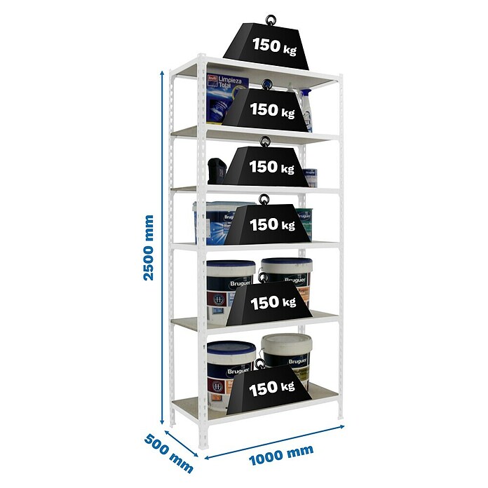Simonrack Maderclick Metallregal Maderclick Plus (H x B x T: 250 x 100 x 50 cm, Traglast pro Boden: 150 kg, Anzahl Böden: 6 Stk., Stecken, Weiß) | BAUHAUS