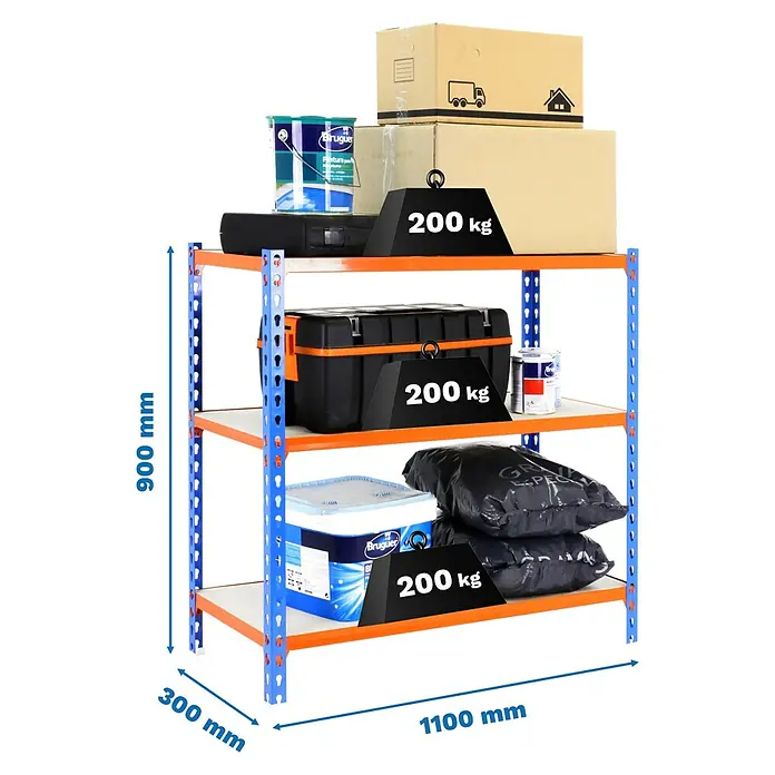 Simonrack Maderclick Metallregal Maderclick SuperPlus - H x B x T: 90 x 110 x 30 cm, Traglast pro Boden: 200 kg, Anzahl Böden: 3 Stk., Stecken, Blau/Orange - Abbildung eines blauen und orangefarbenen Metallregals mit drei Ebenen, beladen mit verschiedenen Gegenständen und Gewichtsinformationen.