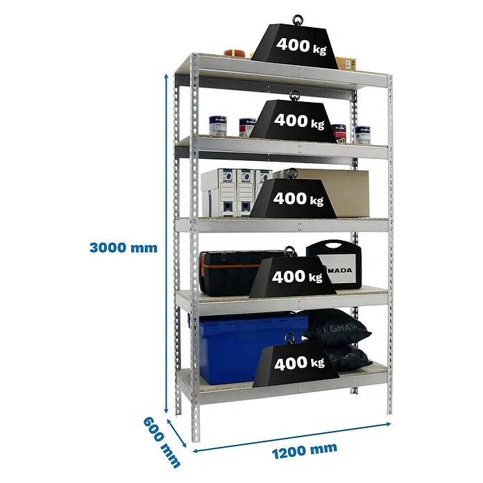 Simonrack Simontaller Schwerlastregal Ecoforte Chipboard - H x B x T: 300 x 120 x 60 cm, Traglast pro Boden: 400 kg, Anzahl Böden: 5 Stk., Stecken, Silber - Ein Schwerlastregal mit fünf Ebenen, beladen mit verschiedenen Gegenständen und jeweils mit 400 kg Gewicht belastet.