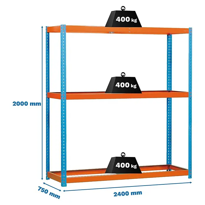 Simonrack Simonforte Estantería para cargas pesadas - Al x An x Pr: 200 x 240 x 75 cm, Número de baldas: 3 ud., Inserción, Azul/Naranja, Capacidad de carga por balda: 400 kg - Estantería metálica azul y naranja de 3 niveles, 2000x2400x750 mm, con 400 kg de carga por nivel.