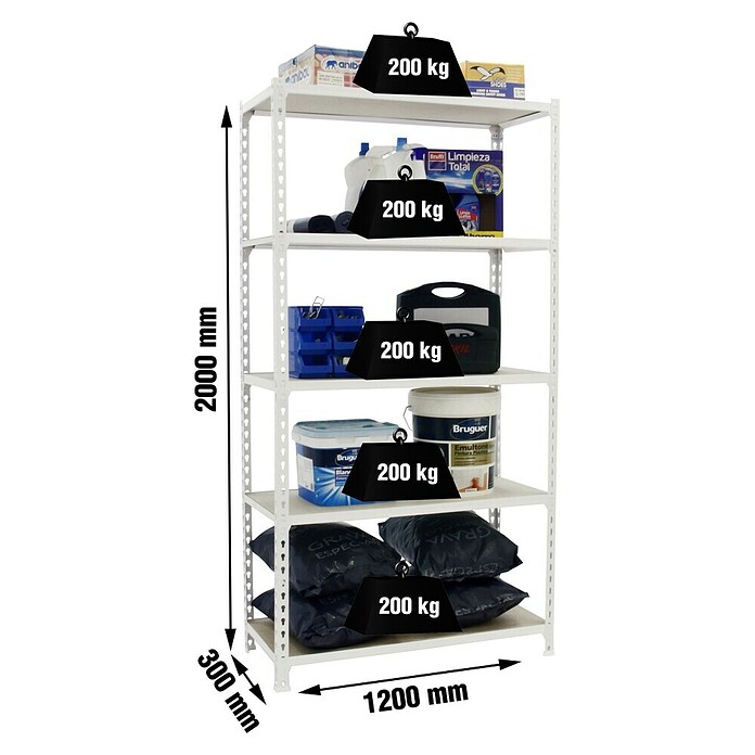 Simonrack Maderclick Estantería metálica Megaplus (Al x An x Pr: 200 x 120 x 30 cm, Capacidad de carga por balda: 200 kg, Número de baldas: 5 ud., Inserción, Blanco/Madera) | BAUHAUS