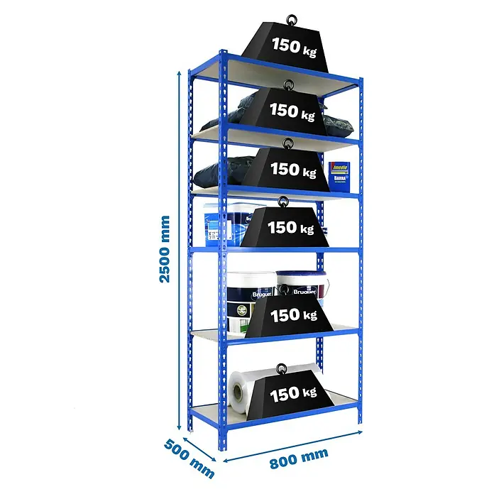 Simonrack Maderclick Metallregal Maderclick Mini - H x B x T: 250 x 80 x 50 cm, Traglast pro Boden: 150 kg, Anzahl Böden: 6 Stk., Stecken, Blau - Das Bild zeigt ein blaues Schwerlastregal mit sechs Regalböden, jeweils mit einer Last von 150 kg belastet, dargestellt durch schwarze Gewichte.